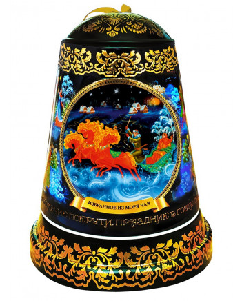 BLACK TEA IN METAL GIFT BELL BOX PALEKH RUSSIAN TROYKA 50 GR 1.8 OZ