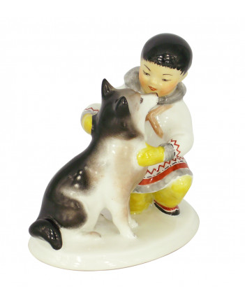 LOMONOSOV IMPERIAL PORCELAIN FIGURINE ESKIMO BOY WITH HUSKY DOG
