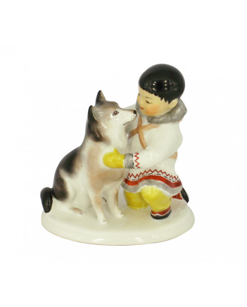 LOMONOSOV IMPERIAL PORCELAIN FIGURINE ESKIMO BOY WITH HUSKY DOG