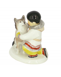 LOMONOSOV IMPERIAL PORCELAIN FIGURINE ESKIMO BOY WITH HUSKY DOG