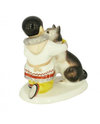 LOMONOSOV IMPERIAL PORCELAIN FIGURINE ESKIMO BOY WITH HUSKY DOG