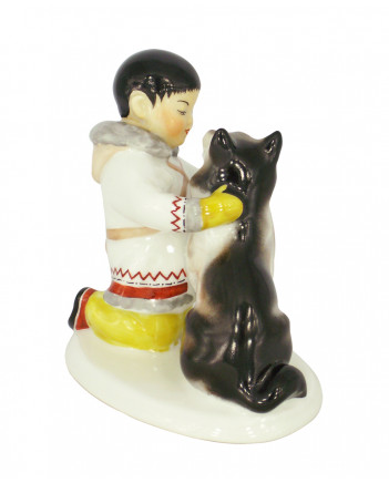 LOMONOSOV IMPERIAL PORCELAIN FIGURINE ESKIMO BOY WITH HUSKY DOG