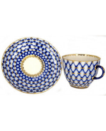 LOMONOSOV IMPERIAL PORCELAIN ESPRESSO COFFEE CUP AND SAUCER COBALT NET TULIP 140 ML/4.7 OZ