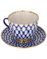 LOMONOSOV IMPERIAL PORCELAIN ESPRESSO COFFEE CUP AND SAUCER COBALT NET TULIP 140 ML/4.7 OZ