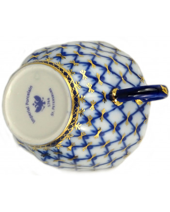 LOMONOSOV IMPERIAL PORCELAIN ESPRESSO COFFEE CUP, SAUCER AND PLATE TULIP COBALT NET140 ML/4.7 OZ