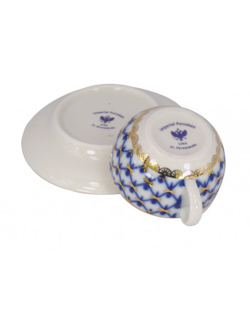 LOMONOSOV IMPERIAL PORCELAIN ESPRESSO COFFEE CUP AND SAUCER COBALT NET 50 ML/1.7 OZ