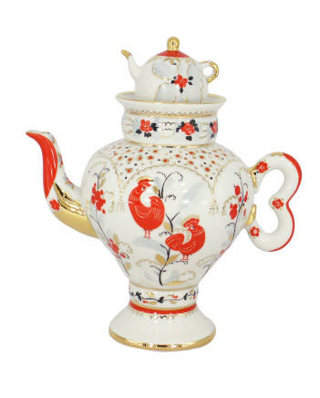 LOMONOSOV IMPERIAL PORCELAIN TEAPOT SAMOVAR RED BIRDS 480 ml 16.2 oz