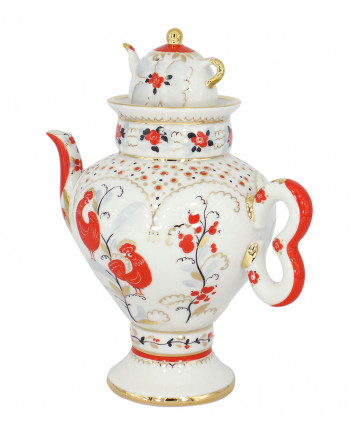 LOMONOSOV IMPERIAL PORCELAIN TEAPOT SAMOVAR RED BIRDS 480 ml 16.2 oz