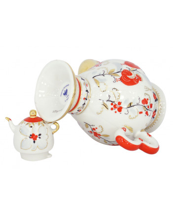 LOMONOSOV IMPERIAL PORCELAIN TEAPOT SAMOVAR RED BIRDS 480 ml 16.2 oz
