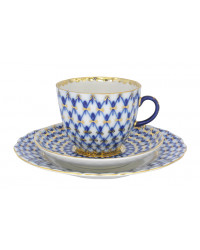 LOMONOSOV IMPERIAL PORCELAIN ESPRESSO COFFEE CUP, SAUCER AND PLATE TULIP COBALT NET140 ML/4.7 OZ