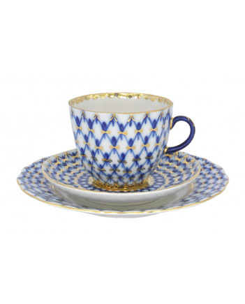 LOMONOSOV IMPERIAL PORCELAIN ESPRESSO COFFEE CUP, SAUCER AND PLATE TULIP COBALT NET140 ML/4.7 OZ