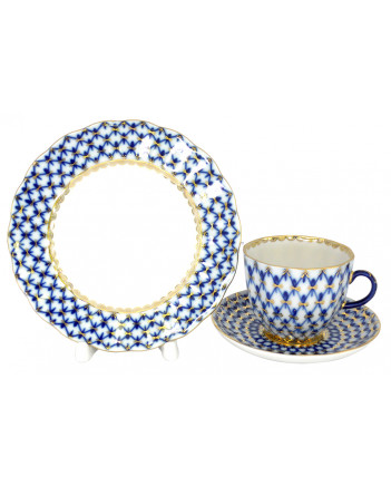 LOMONOSOV IMPERIAL PORCELAIN ESPRESSO COFFEE CUP, SAUCER AND PLATE TULIP COBALT NET140 ML/4.7 OZ