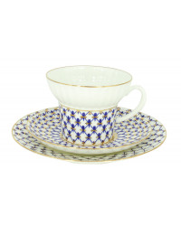 LOMONOSOV IMPERIAL BONE CHINA PORCELAIN ESPRESSO CUP, SAUCER AND PLATE WAVE COBALT NET 155 ml/5.2 fl.oz