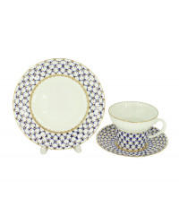LOMONOSOV IMPERIAL BONE CHINA PORCELAIN ESPRESSO CUP, SAUCER AND PLATE WAVE COBALT NET 155 ml/5.2 fl.oz