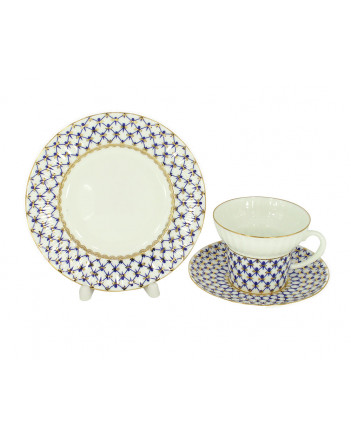 LOMONOSOV IMPERIAL BONE CHINA PORCELAIN ESPRESSO CUP, SAUCER AND PLATE WAVE COBALT NET 155 ml/5.2 fl.oz
