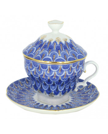 LOMONOSOV IMPERIAL PORCELAIN COVERED STEEP MUG AND SAUCER FORGET ME NOT 250 ml/8.45 fl.oz