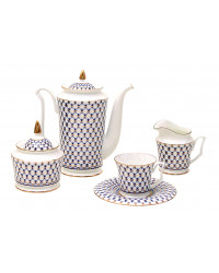 LOMONOSOV IMPERIAL BONE CHINA PORCELAIN COFFEE SET SERVICE COBALT NET YULIA 15 items