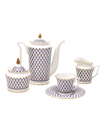 LOMONOSOV IMPERIAL BONE CHINA PORCELAIN COFFEE SET SERVICE COBALT NET YULIA 15 items