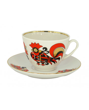LOMONOSOV IMPERIAL PORCELAIN TEACUP AND SAUCER SPRING RED ROOSTERS 230 ML 7.8 OZ