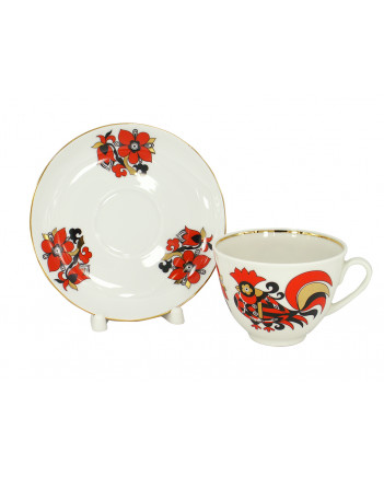 LOMONOSOV IMPERIAL PORCELAIN TEACUP AND SAUCER SPRING RED ROOSTERS 230 ML 7.8 OZ
