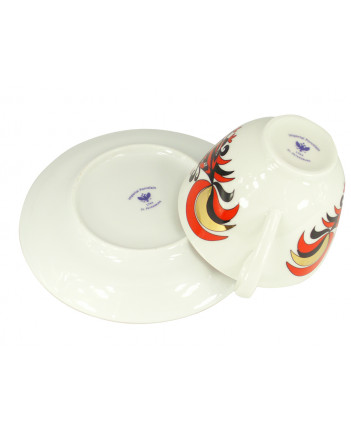 LOMONOSOV IMPERIAL PORCELAIN TEACUP AND SAUCER SPRING RED ROOSTERS 230 ML 7.8 OZ