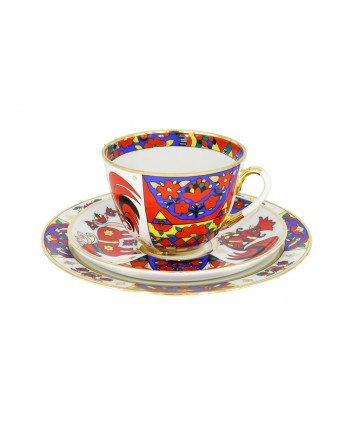 LOMONOSOV IMPERIAL PORCELAIN TEACUP TRIO SPRING FOLK PATTERNS 230 ML/7.8 OZ