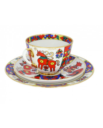 LOMONOSOV IMPERIAL PORCELAIN TEACUP TRIO SPRING FOLK PATTERNS 230 ML/7.8 OZ