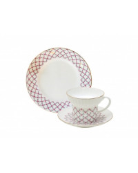 LOMONOSOV IMPERIAL BONE CHINA PORCELAIN ESPRESSO CUP, SAUCER AND PLATE WAVE PINK NET 155 ml/5.2 fl.oz