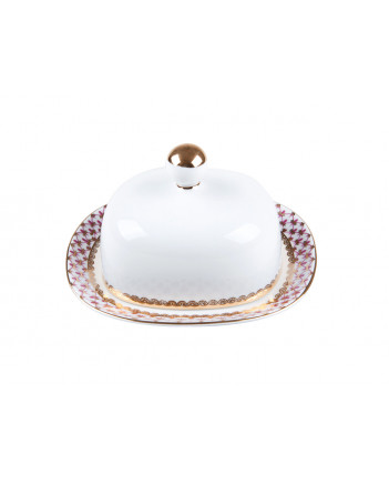 LOMONOSOV IMPERIAL PORCELAIN BUTTER HOLDER DISH RED NET