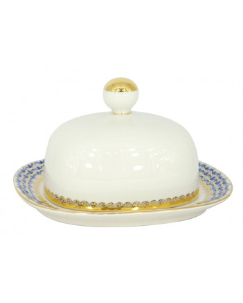 LOMONOSOV IMPERIAL PORCELAIN BUTTER HOLDER DISH COBALT NET