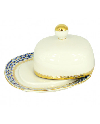 LOMONOSOV IMPERIAL PORCELAIN BUTTER HOLDER DISH COBALT NET