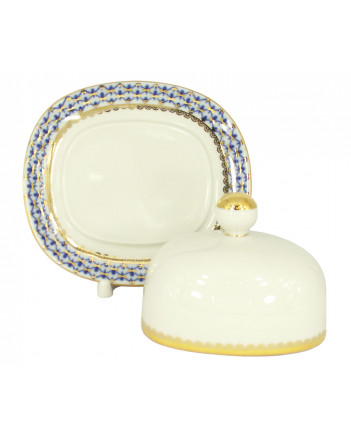 LOMONOSOV IMPERIAL PORCELAIN BUTTER HOLDER DISH COBALT NET
