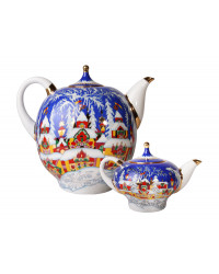 LOMONOSOV IMPERIAL PORCELAIN TEAPOT SET WINTER FAIRYTALE BIG AND SMALL