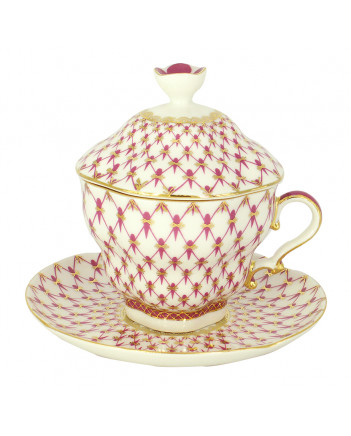 LOMONOSOV IMPERIAL PORCELAIN COVERED STEEP MUG AND SAUCER RED NET 250 ml/8.45 fl.oz