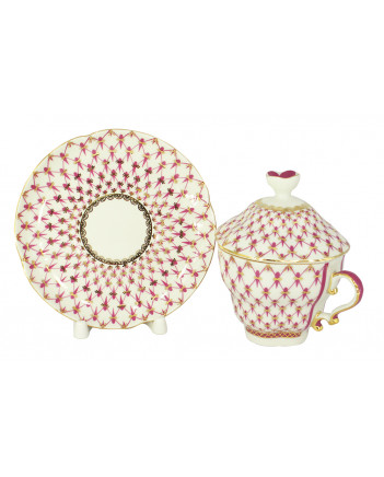 LOMONOSOV IMPERIAL PORCELAIN COVERED STEEP MUG AND SAUCER RED NET 250 ml/8.45 fl.oz