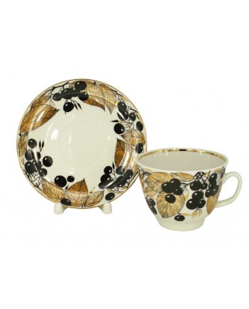 LOMONOSOV IMPERIAL PORCELAIN TEACUP AND SAUCER GIFT BLACK CHOKEBERRY 375 ML/12.7OZ