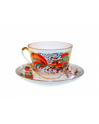 LOMONOSOV IMPERIAL PORCELAIN TEACUP AND SAUCER SPRING RED ROOSTER 230 ML 7.8 OZ