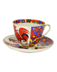 LOMONOSOV IMPERIAL PORCELAIN TEACUP AND SAUCER SPRING FOLK PATTERNS 230 ML/7.8 OZ