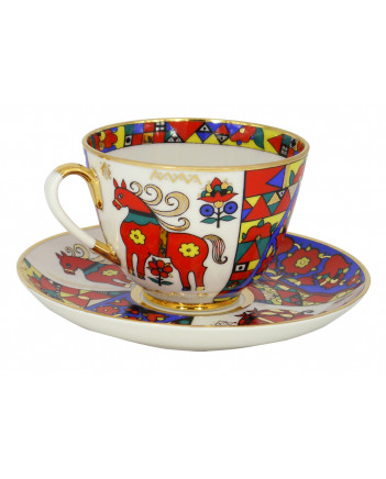 LOMONOSOV IMPERIAL PORCELAIN TEACUP AND SAUCER SPRING FOLK PATTERNS 230 ML/7.8 OZ