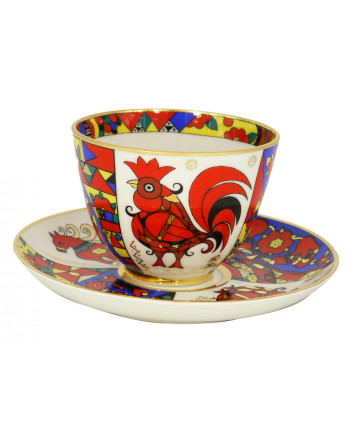 LOMONOSOV IMPERIAL PORCELAIN TEACUP AND SAUCER SPRING FOLK PATTERNS 230 ML/7.8 OZ