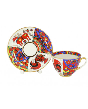 LOMONOSOV IMPERIAL PORCELAIN TEACUP AND SAUCER SPRING FOLK PATTERNS 230 ML/7.8 OZ