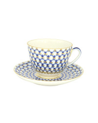 LOMONOSOV IMPERIAL PORCELAIN TEACUP AND SAUCER SPRING COBALT NET 230 ML/7.8 OZ