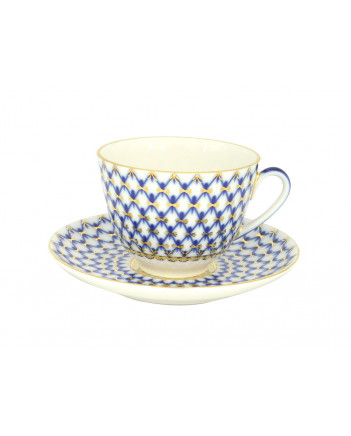LOMONOSOV IMPERIAL PORCELAIN TEACUP AND SAUCER SPRING COBALT NET 230 ML/7.8 OZ