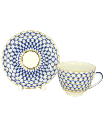 LOMONOSOV IMPERIAL PORCELAIN TEACUP AND SAUCER SPRING COBALT NET 230 ML/7.8 OZ