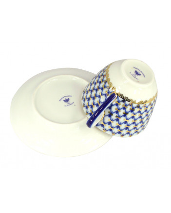 LOMONOSOV IMPERIAL PORCELAIN TEACUP AND SAUCER SPRING COBALT NET 230 ML/7.8 OZ