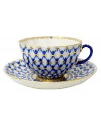  LOMONOSOV IMPERIAL PORCELAIN TEACUP AND SAUCER TULIP COBALT NET 250 ML/8.45 OZ
