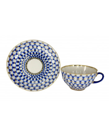  LOMONOSOV IMPERIAL PORCELAIN TEACUP AND SAUCER TULIP COBALT NET 250 ML/8.45 OZ