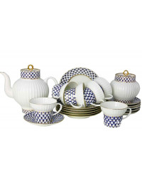 LOMONOSOV IMPERIAL BONE CHINA PORCELAIN TEA SET SERVICE COBALT NET WAVE 20 items