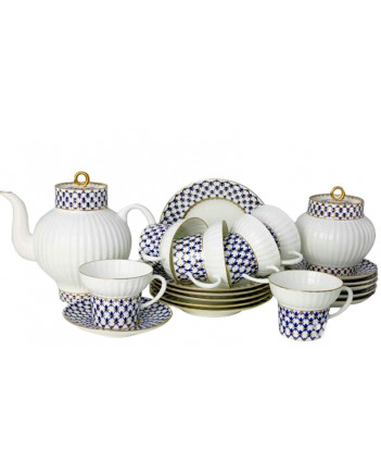 LOMONOSOV IMPERIAL BONE CHINA PORCELAIN TEA SET SERVICE COBALT NET WAVE 20 items