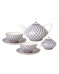 LOMONOSOV IMPERIAL BONE CHINA PORCELAIN TEA SET SERVICE COBALT NET DOME 14 items